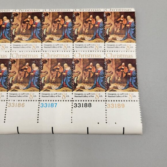 1970s USPS Christmas Giorgione ca. 1478-1510 Pane of 12 8 Cent Stamps - Picture 3 of 4